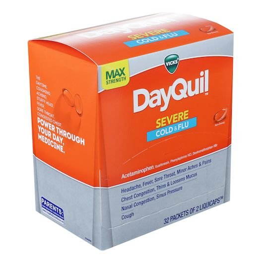 DAYQUIL SERVE MAX STRENGTH COLD & FLU 32 PACKETS OF 2 LIQUI CAPS