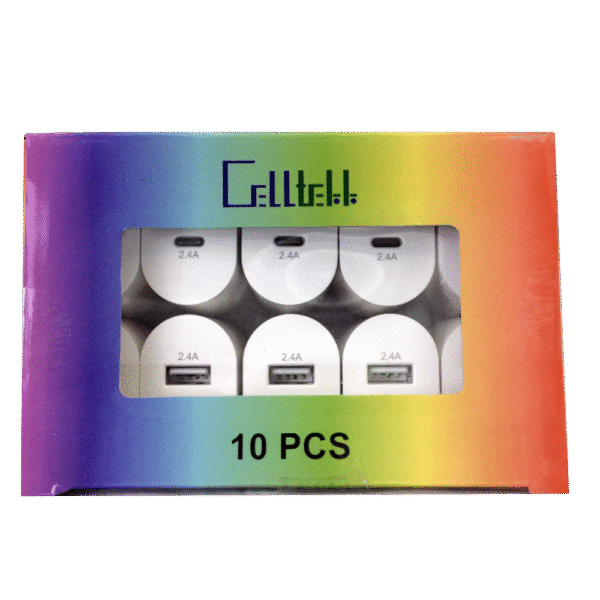 CELLTEKK SQUARE REFILL DUAL USB-C USB HOME CHARGER 10CT DISPLAY